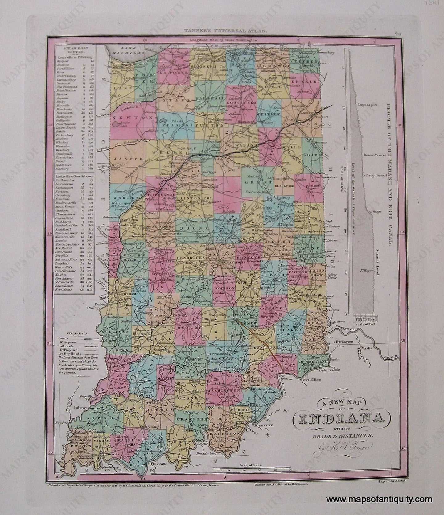 Antique-Hand-Colored-Engraved-Map-A-New-Map-of-Indiana-with-its-Roads-&-Distances.---1841-Tanner-Maps-Of-Antiquity