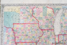 Load image into Gallery viewer, Close up of Antique-Hand-Colored-Map-Guide-through-Ohio-Michigan-Indiana-Illinois-Missouri-Wisconsin-Iowa-Minnesota-Nebraska-and-Kansas.-Showing-the-Township-lines-of-the-United-States-Surveys-Location-of-Cities-Towns-Villages-Post-Hamlets-Canals-Rail-and-Stage-Roads.-Midwest-General--1856-Smith-Maps-Of-Antiquity
