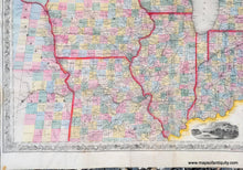 Load image into Gallery viewer, Close up of Antique-Hand-Colored-Map-Guide-through-Ohio-Michigan-Indiana-Illinois-Missouri-Wisconsin-Iowa-Minnesota-Nebraska-and-Kansas.-Showing-the-Township-lines-of-the-United-States-Surveys-Location-of-Cities-Towns-Villages-Post-Hamlets-Canals-Rail-and-Stage-Roads.-Midwest-General--1856-Smith-Maps-Of-Antiquity
