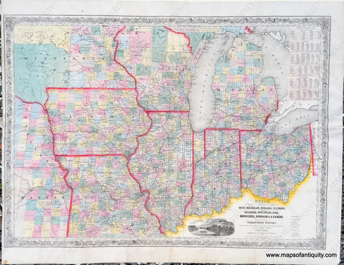 Antique-Hand-Colored-Map-Guide-through-Ohio-Michigan-Indiana-Illinois-Missouri-Wisconsin-Iowa-Minnesota-Nebraska-and-Kansas.-Showing-the-Township-lines-of-the-United-States-Surveys-Location-of-Cities-Towns-Villages-Post-Hamlets-Canals-Rail-and-Stage-Roads.-Midwest-General--1856-Smith-Maps-Of-Antiquity