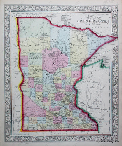 Antique-Hand-Colored-Map-County-Map-of-Minnesota-**********-United-States-Midwest-1862-Mitchell-Maps-Of-Antiquity