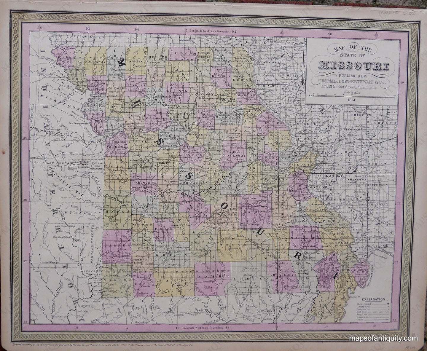 Antique-Hand-Colored-Map-A-New-Map-of-the-State-of-Missouri.-United-States-Midwest-1854-Mitchell/Cowperthwait-Desilver-&-Butler-Maps-Of-Antiquity