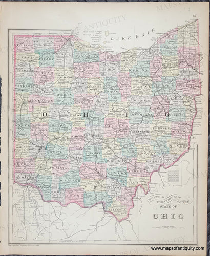 Antique map of the state of Ohio with colorful counties in tones of pink, yellow, green, blue, orange, purple- muted antique tones. Antique-Map-County-and-Township-Map-of-the-State-of-Ohio-Mitchell-1885