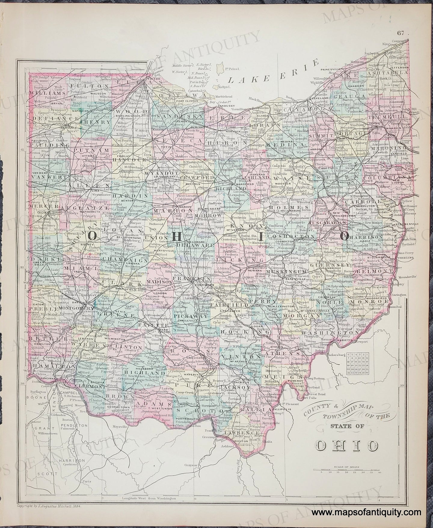 Antique map of the state of Ohio with colorful counties in tones of pink, yellow, green, blue, orange, purple- muted antique tones. Antique-Map-County-and-Township-Map-of-the-State-of-Ohio-Mitchell-1885
