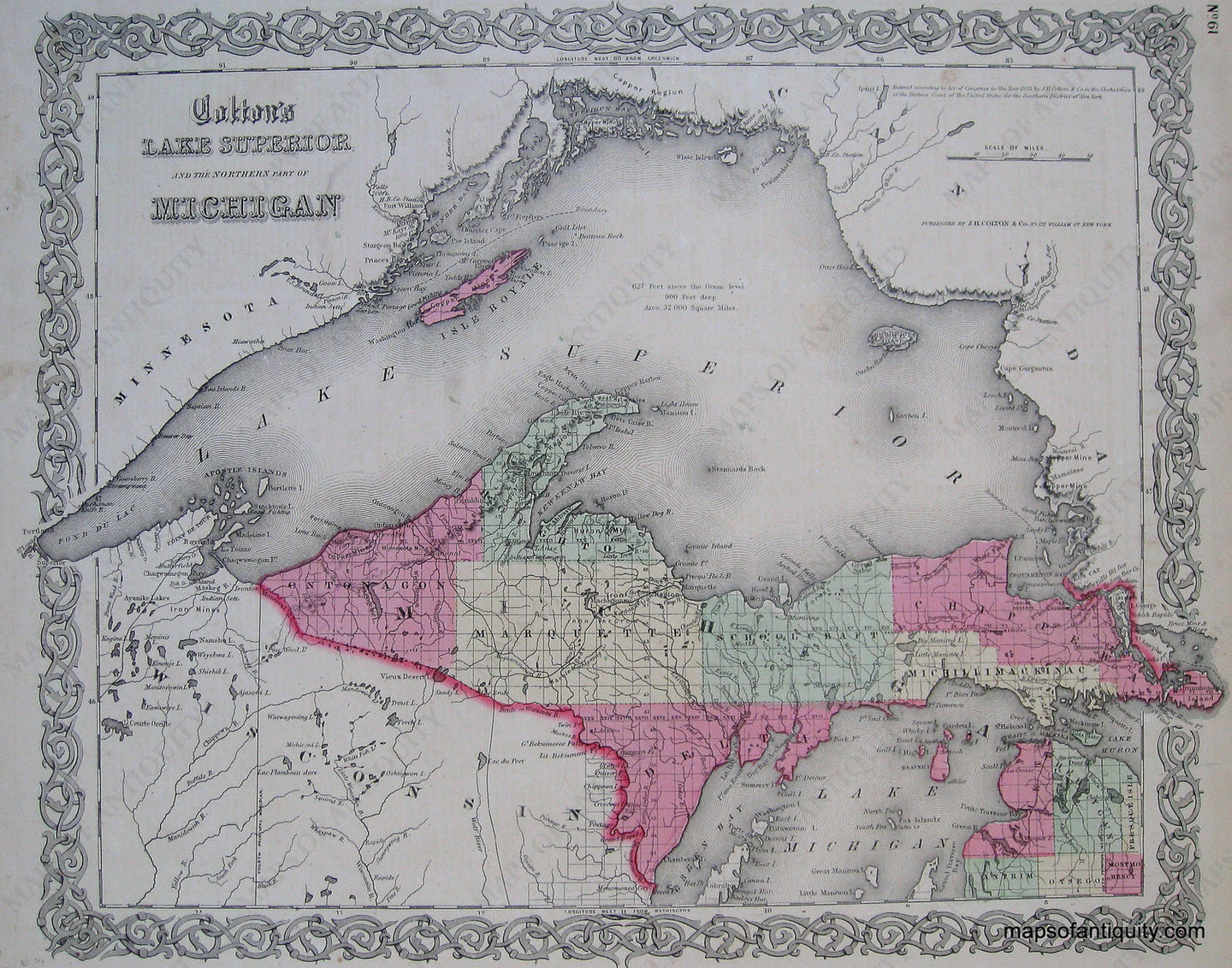 Antique-Hand-Colored-Map-Colton's-Lake-Superior-and-the-Northern-Part-of-Michigan--Colton's-Michigan-******-United-States-Michigan-1865-Colton-Maps-Of-Antiquity