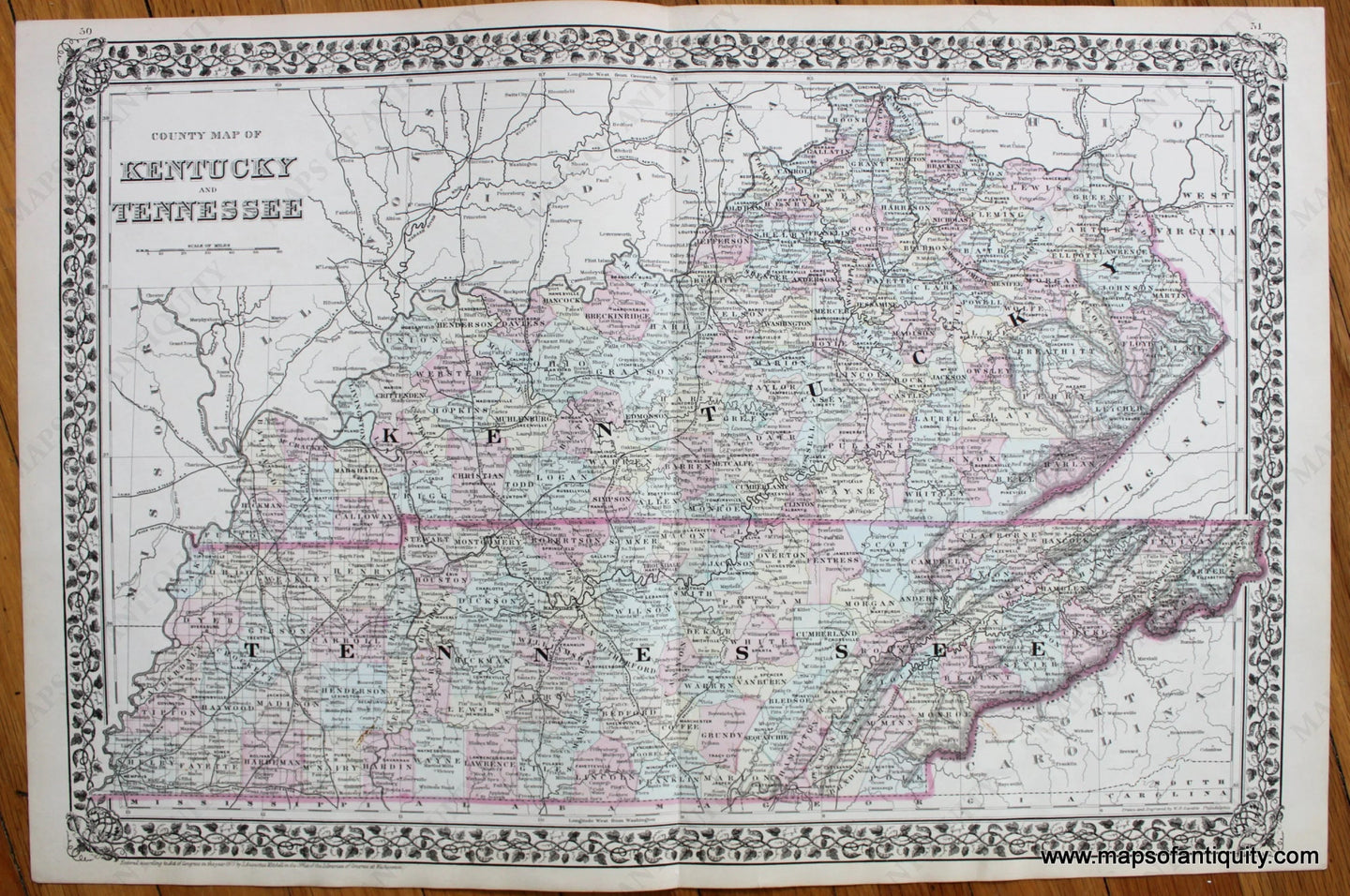 Antique-Hand-Colored-Map-County-Map-of-Kentucky-and-Tennessee.-United-State-Midwest-1880-Mitchell-Maps-Of-Antiquity