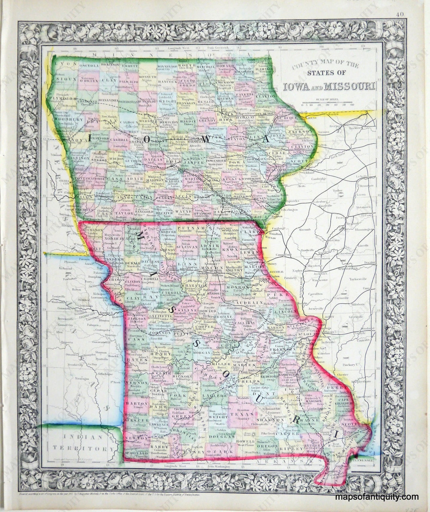 Antique-Hand-Colored-Map-County-Map-of-the-States-of-Iowa-and-Missouri-United-States-Midwest-1862-Mitchell-Maps-Of-Antiquity