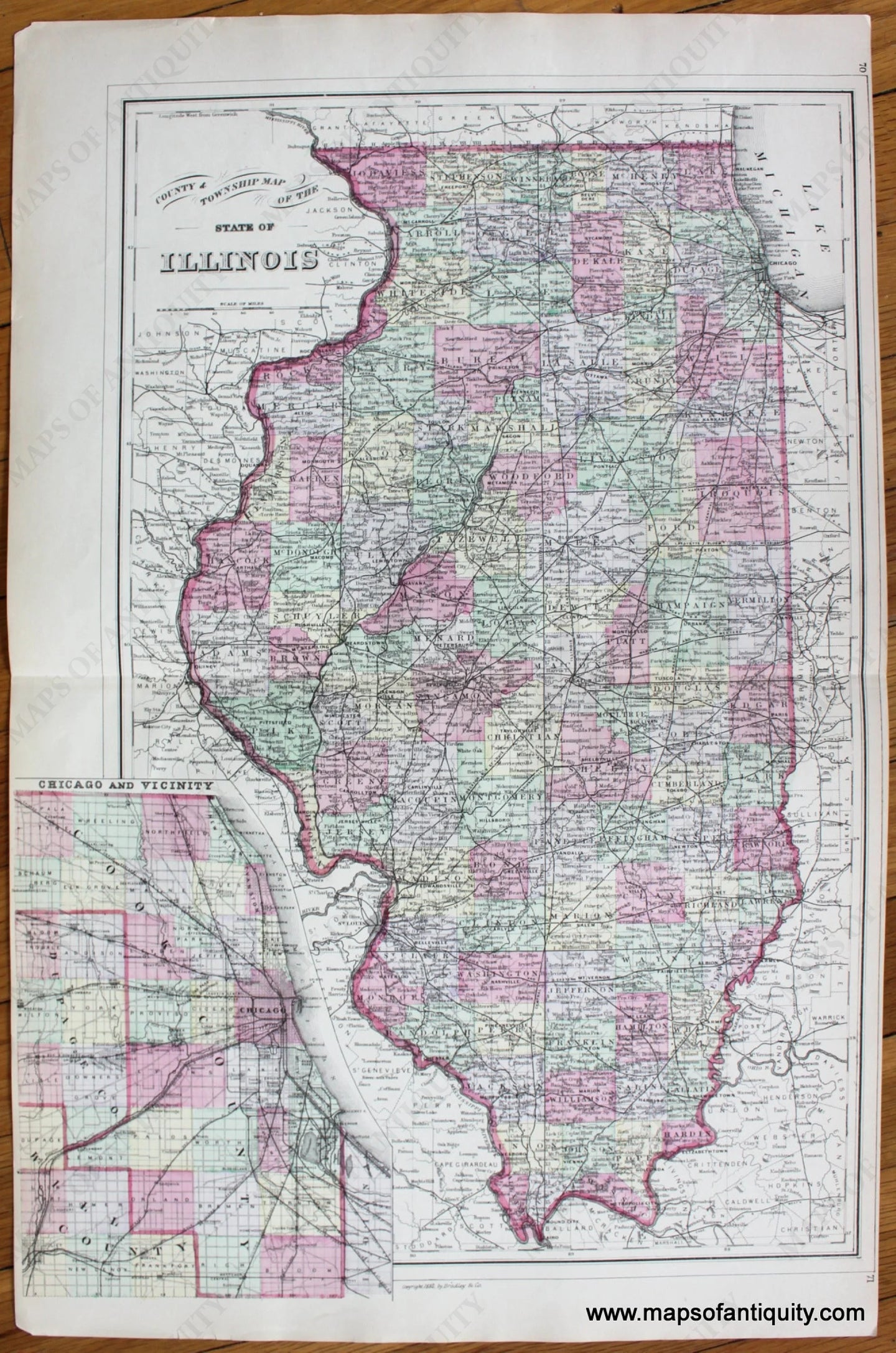 Antique-Hand-Colored-Map-County-and-Township-Map-of-the-State-of-Illinois-verso-Plan-of-Cincinnati-and-Vicinity--United-States-Illinois-1884-Mitchell-Maps-Of-Antiquity