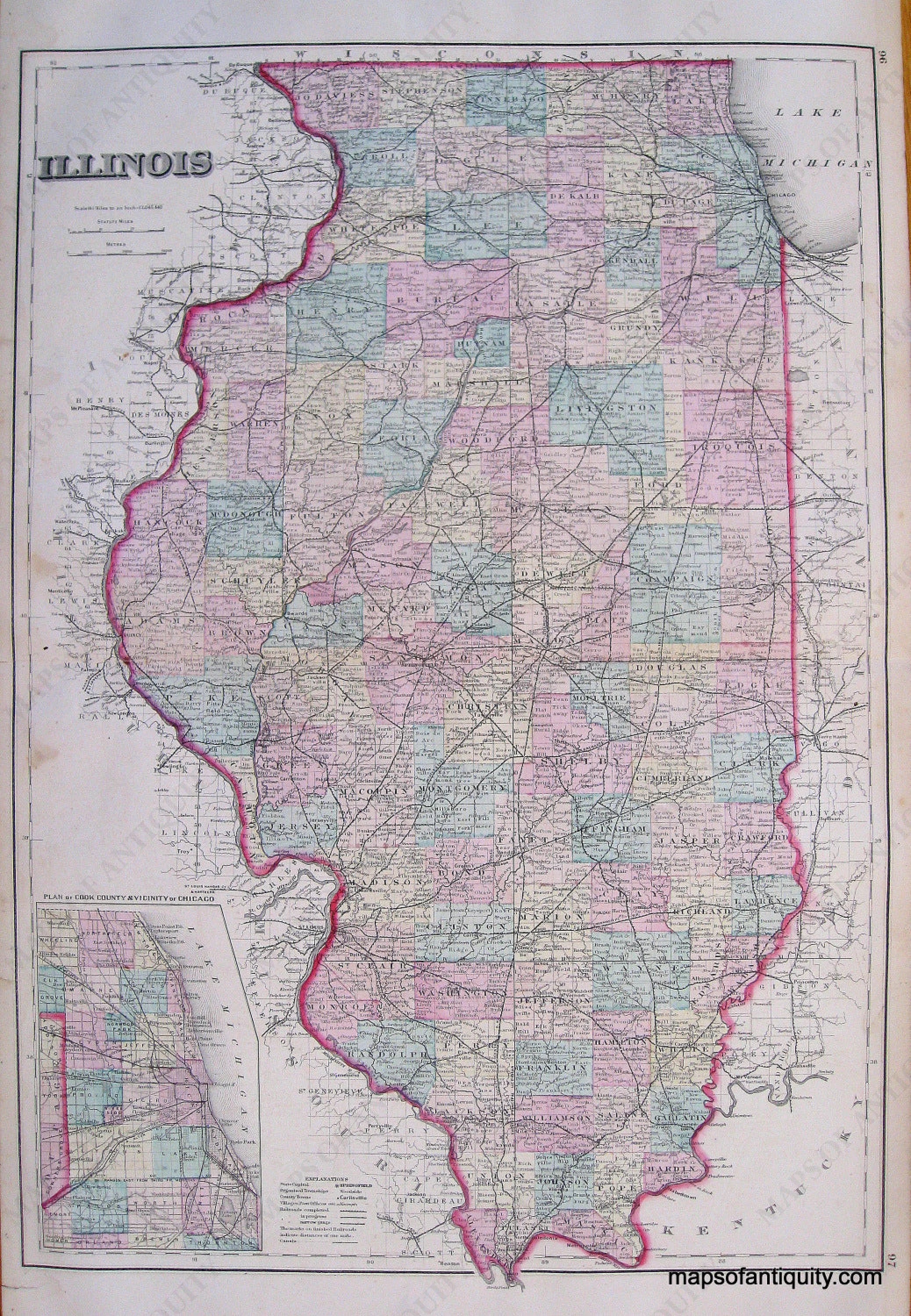 1876 - Illinois, Chicago, Iowa - Antique Map – Maps of Antiquity