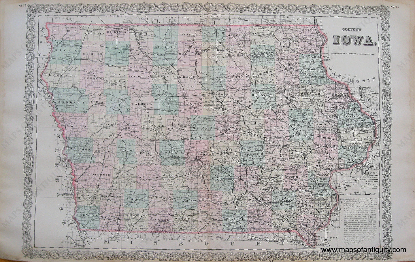 Antique-Hand-Colored-Map-Coltons-Iowa-1887-Colton-Maps-Of-Antiquity