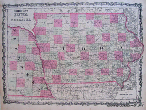 Antique-Hand-Colored-Map-Johnson's-Iowa-and-Nebraska-United-States-Iowa-1864-Johnson-and-Ward-Maps-Of-Antiquity