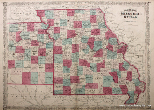 Antique-Hand-Colored-Map-Johnson's-Missouri-and-Kansas-United-States-Midwest-1865-Johnson-Maps-Of-Antiquity