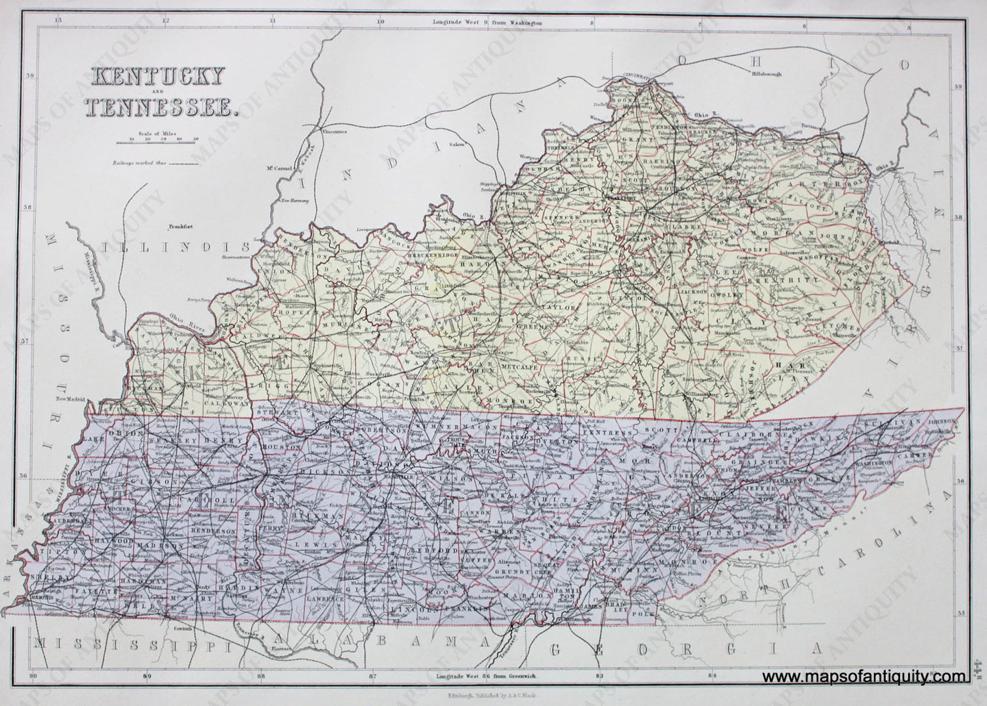 Antique-printed-color-Map-Kentucky-and-Tennessee-United-States-Midwest-1879-Black-Maps-Of-Antiquity