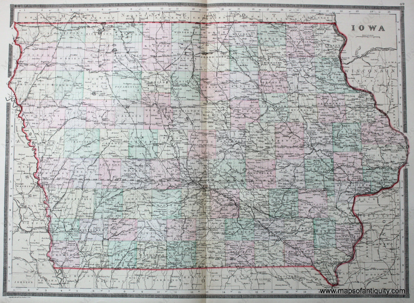 Antique-Hand-Colored-Map-Iowa-United-States-Mid-West-1887-Bradley-Maps-Of-Antiquity