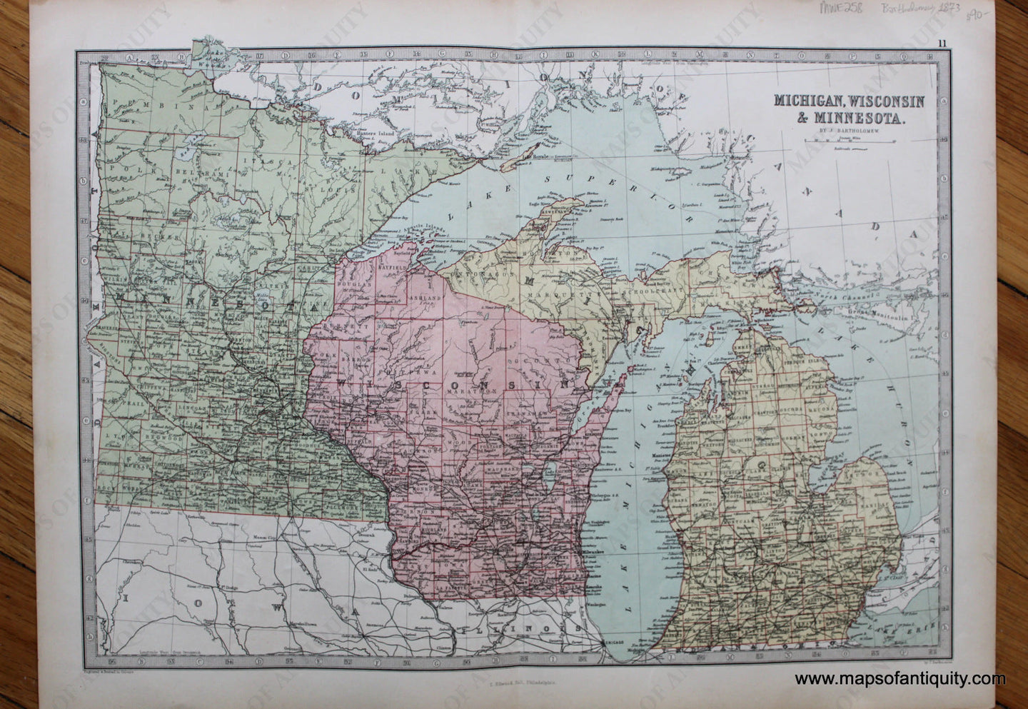 Antique-Printed-Color-Map-Michigan-Wisconsin-&-Minnesota-United-States-Midwest-1873-J.-Bartholomew-Maps-Of-Antiquity