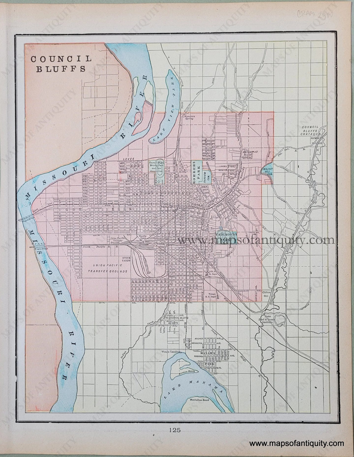 Antique-Printed-Color-Map-Official-Map-of-Sioux-City-verso:-Council-Bluffs-North-America-Midwest-1900-Cram-Maps-Of-Antiquity