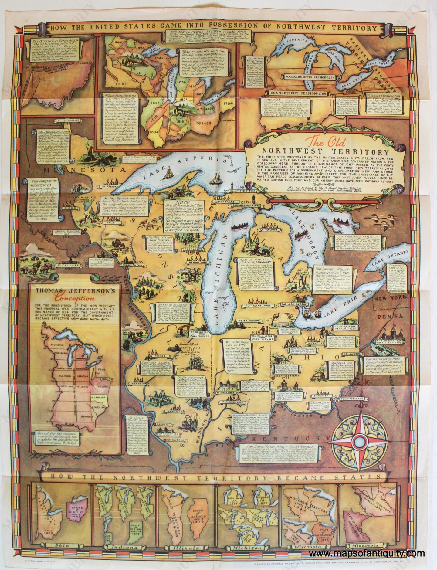 1937 The Old Northwest Territory Antique Map Maps of Antiquity