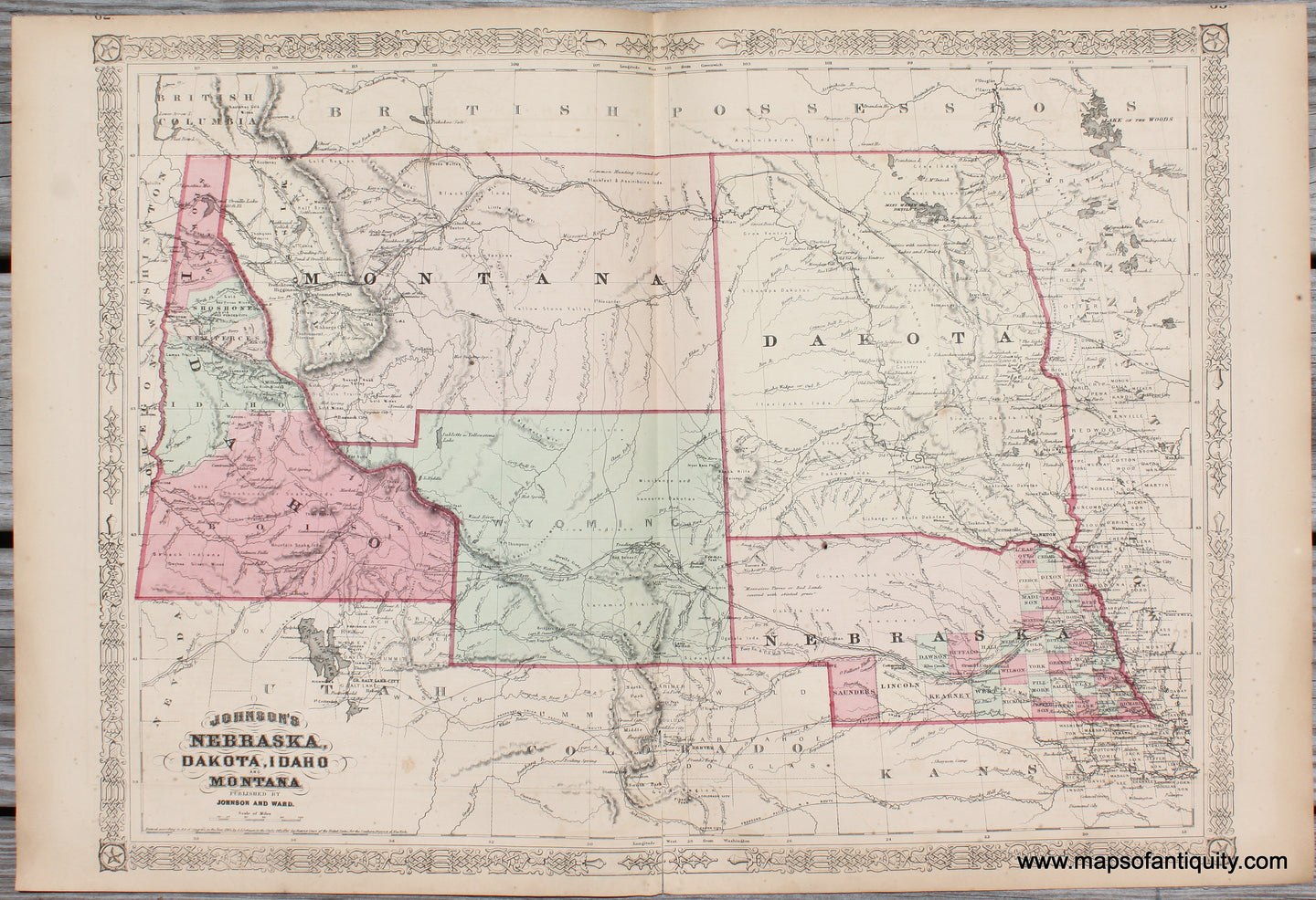 1866 - Johnson's Nebraska, Dakota, Idaho, and Montana - Antique Map