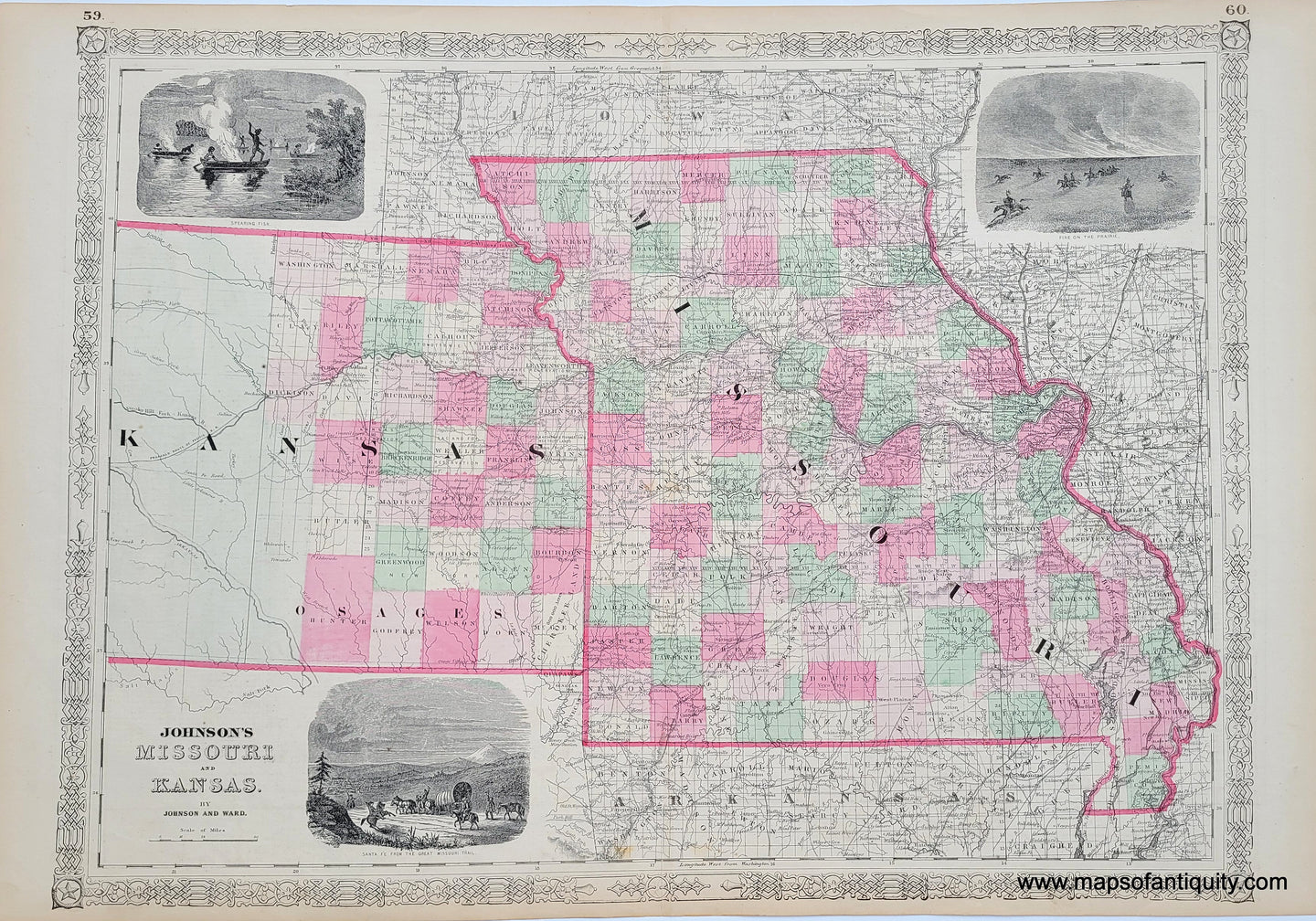 Antique-Hand-Colored-Map-Johnson's-Missouri-and-Kansas-United-States-Midwest-1864-Johnson-and-Ward-Maps-Of-Antiquity