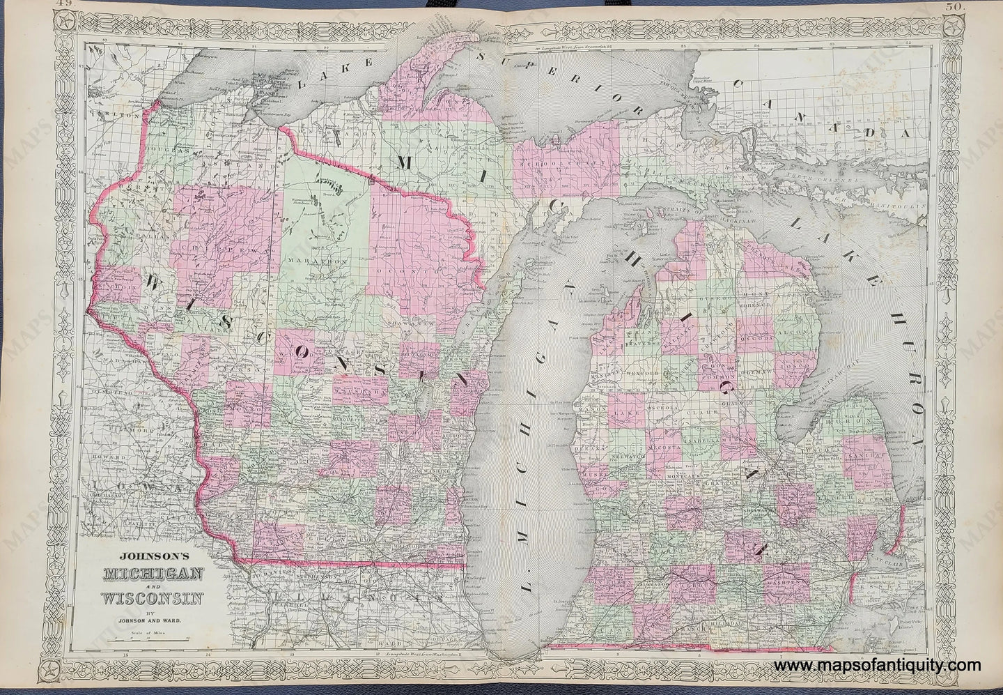 Antique-Hand-Colored-Map-Johnson's-Michigan-and-Wisconsin-United-States-Midwest-1864-Johnson-and-Ward-Maps-Of-Antiquity