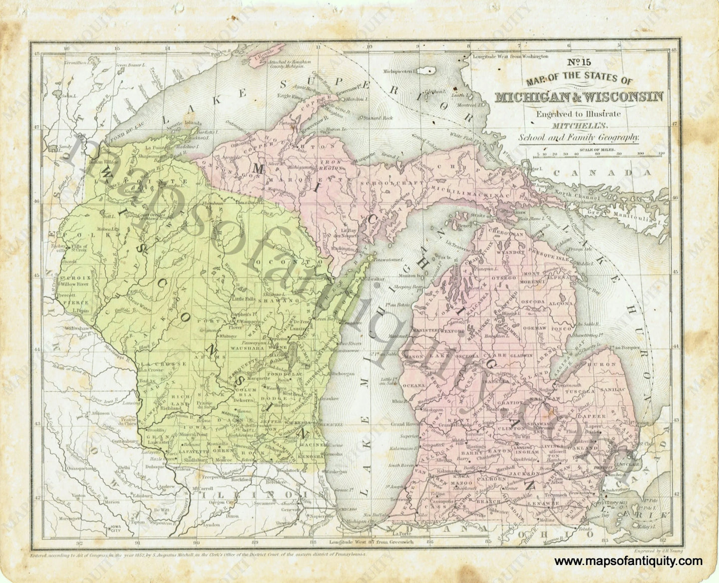 Antique-Hand-Colored-Map-No.-15-Map-of-the-States-of-Michigan-&-Wisconsin-United-States-Midwest-1854-Mitchell-Maps-Of-Antiquity