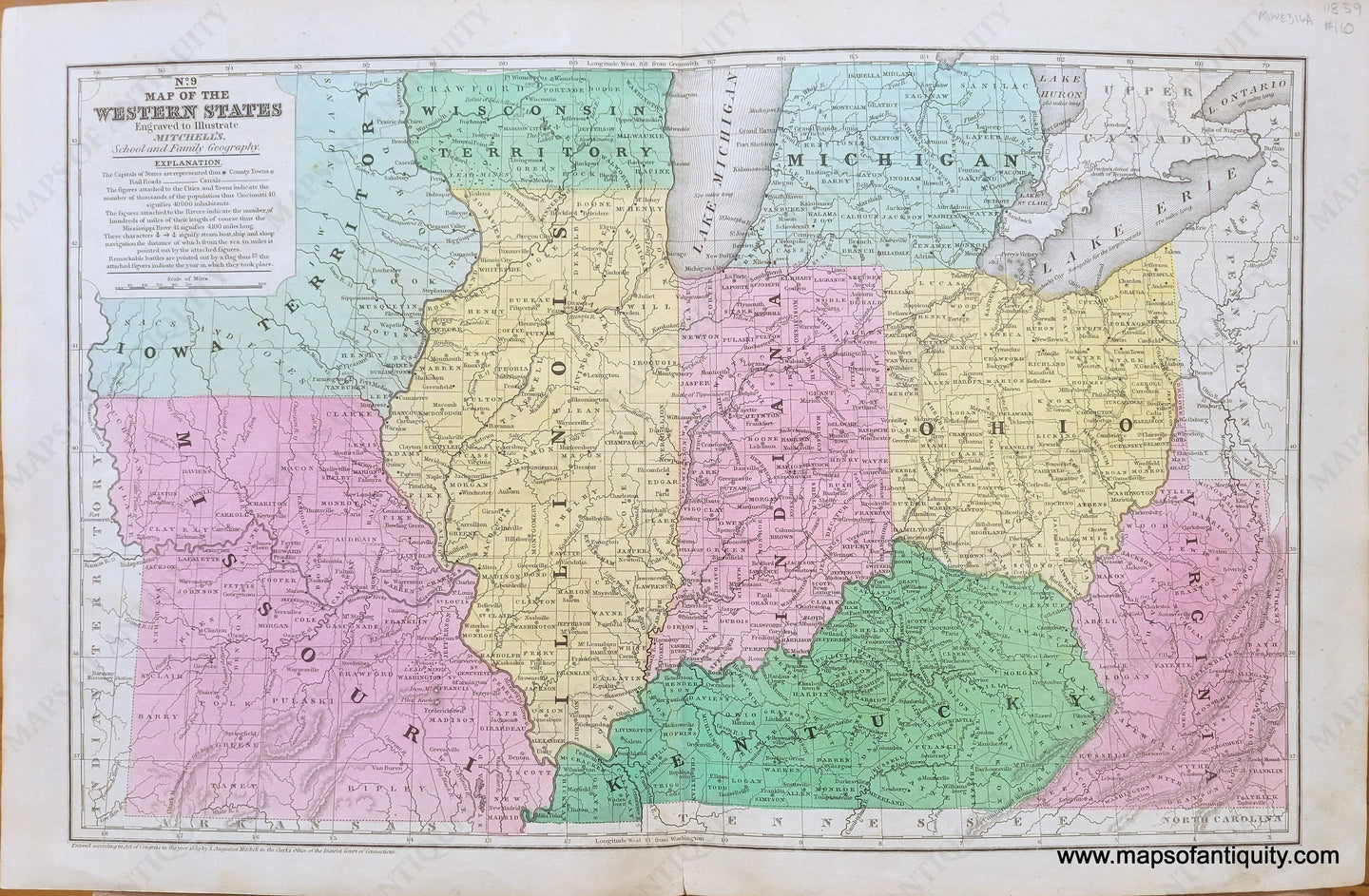 1839 - Midwest No. 9 Map Of The Chief Part Western States Antique Genuine Hand-Colored