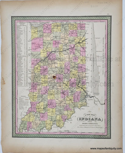 Antique Map with original hand-coloring in tones of green, yellow, peach, and pink.
Antique-Hand-Colored-Map-A-New-Map-of-Indiana-with-its-Roads-&-Distances-United-States-Midwest-1849-Mitchell-Maps-Of-Antiquity