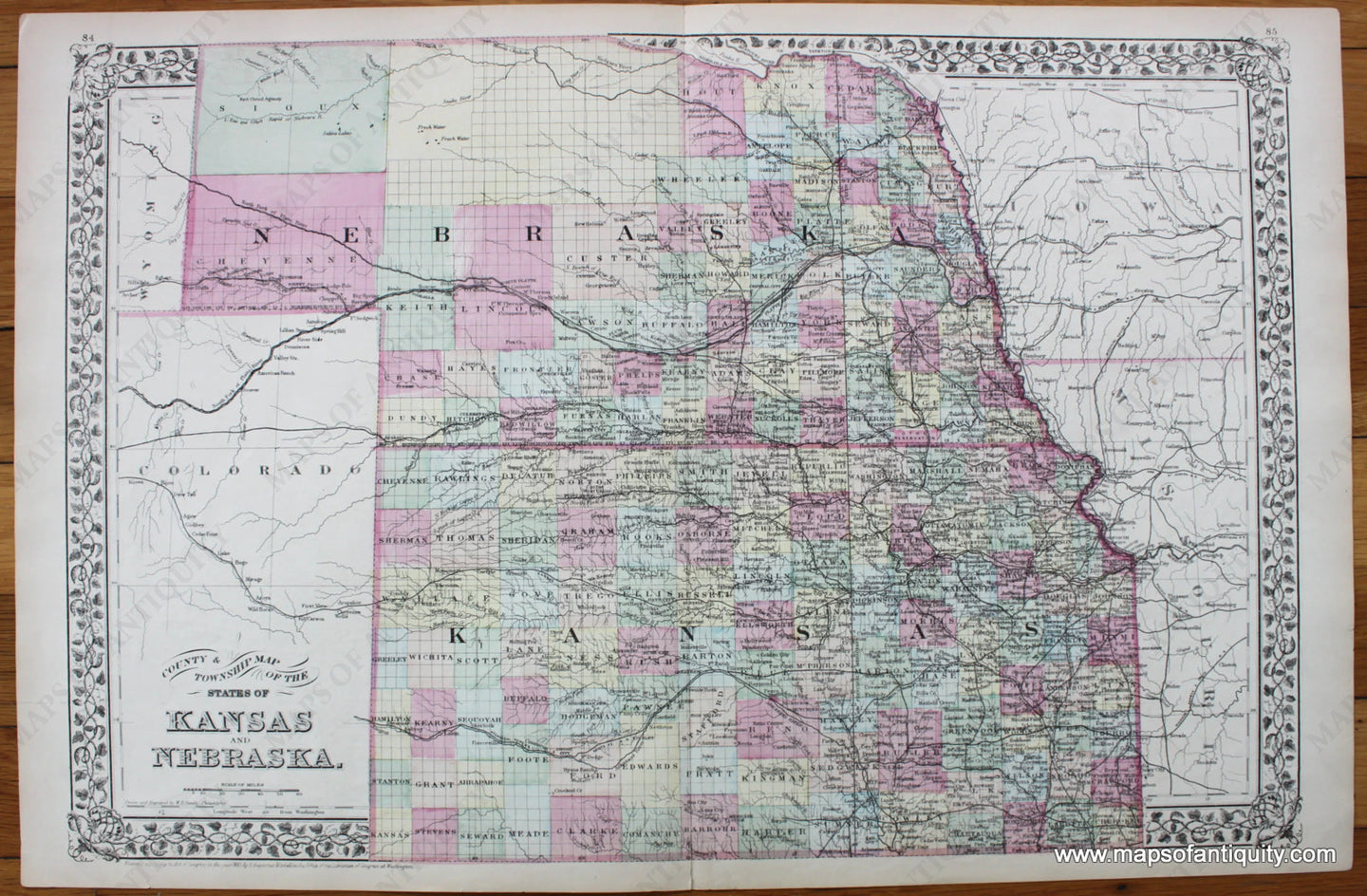 Antique-Hand-Colored-Map-County-&-Township-Map-of-the-States-of-Kansas-and-Nebraska.-United-States-Mid-west-1883-Mitchell-Maps-Of-Antiquity