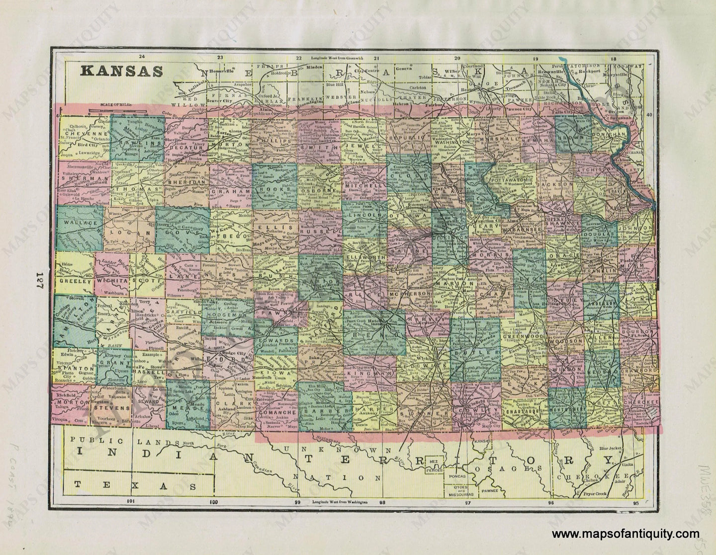 Antique-Map-State-United-States-U.S.-Midwest-Kansas-Nebraska-Home-Library-and-Supply-Association-Pacific-Coast-1892-1890s-1800s-Late-19th-Century-Maps-of-Antiquity-