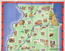 Load image into Gallery viewer, Vintage illustrated map of the State of Illinois, featuring a light green state of Illinois surrounded by blue background with numerous small colorful drawings of landmarks, people, and scenes across the state. A decorative compass rose and legend appear on the left side.
