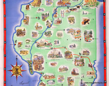 Load image into Gallery viewer, Vintage illustrated map of the State of Illinois, featuring a light green state of Illinois surrounded by blue background with numerous small colorful drawings of landmarks, people, and scenes across the state. A decorative compass rose and legend appear on the left side.
