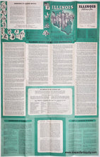 Load image into Gallery viewer, back side of a vintage Illinois map featuring history and other information with a teal and cream layout. sections on the Illinois State Fair, state parks and memorials, the Civil War, and conservation of monuments.
