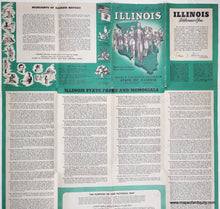 Load image into Gallery viewer, back side of a vintage Illinois map featuring history and other information with a teal and cream layout. sections on the Illinois State Fair, state parks and memorials, the Civil War, and conservation of monuments.
