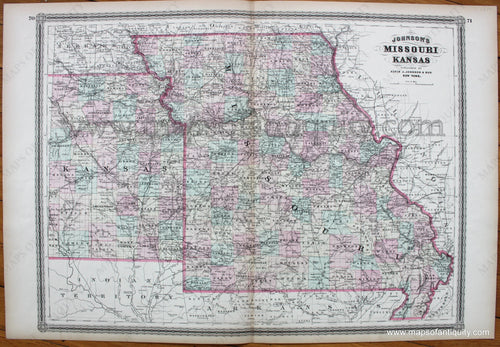 Antique-Hand-Colored-Map-Johnson's-Missouri-and-Kansas-1880-Alvin-J.-Johnson-&-Son-Midwest-1800s-19th-century-Maps-of-Antiquity