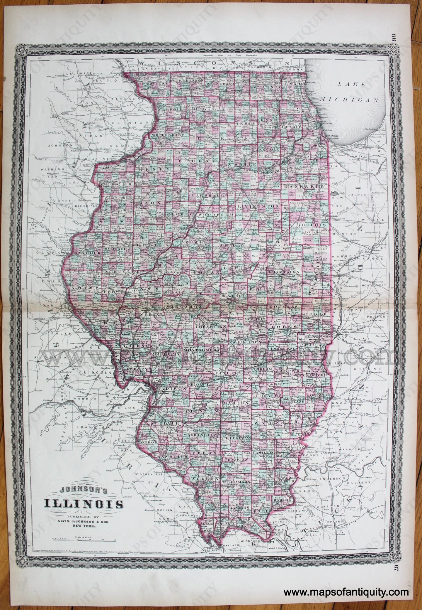 Antique-Hand-Colored-Map-Illinois-1880-Alvin-J.-Johnson-&-Son-Midwest-1800s-19th-century-Maps-of-Antiquity