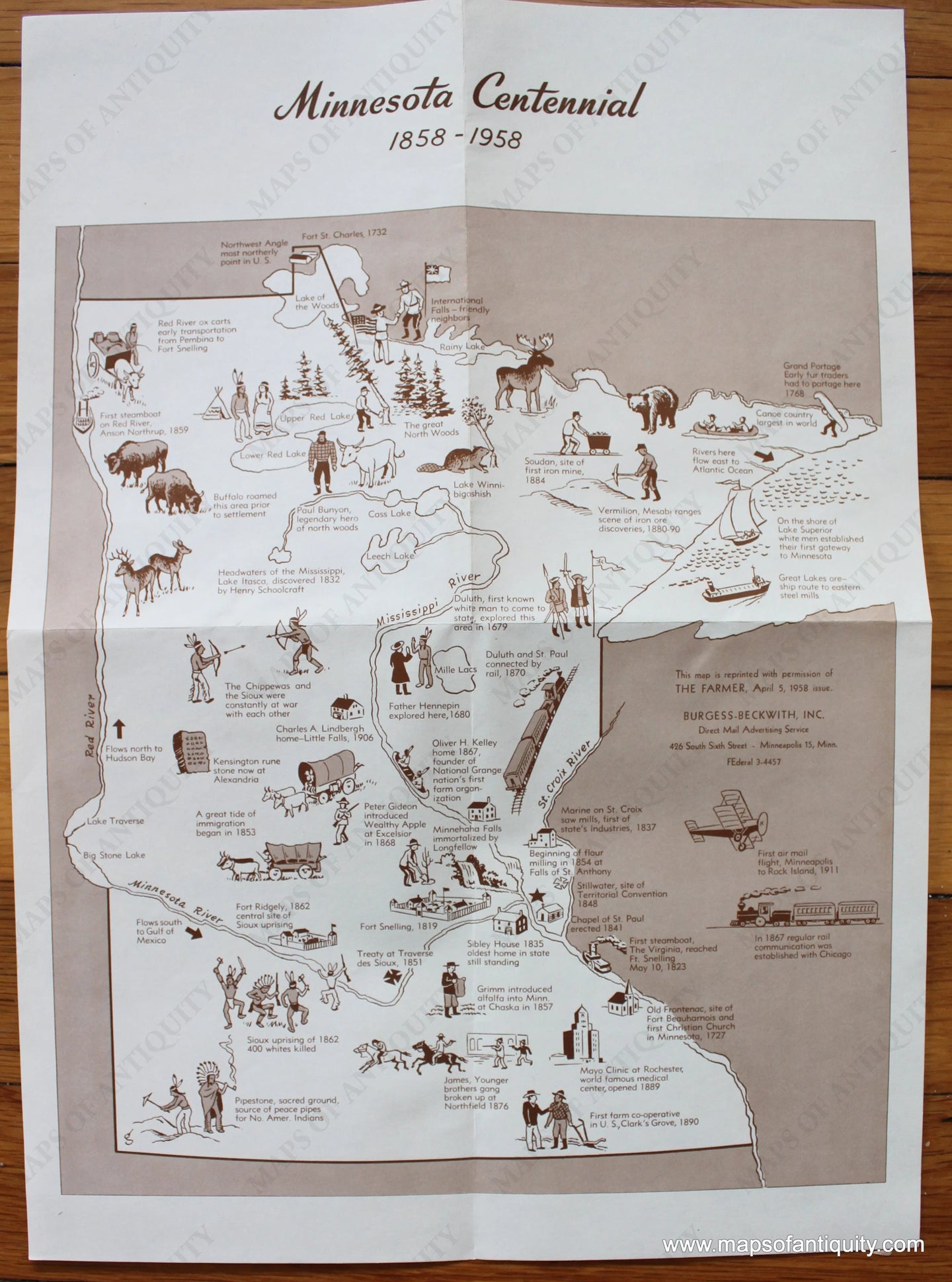 Antique-Pictorial-Map-Minnesota-Centennial-1858-1958-1958-Midwest-Minnesota-1800s-19th-century-Maps-of-Antiquity