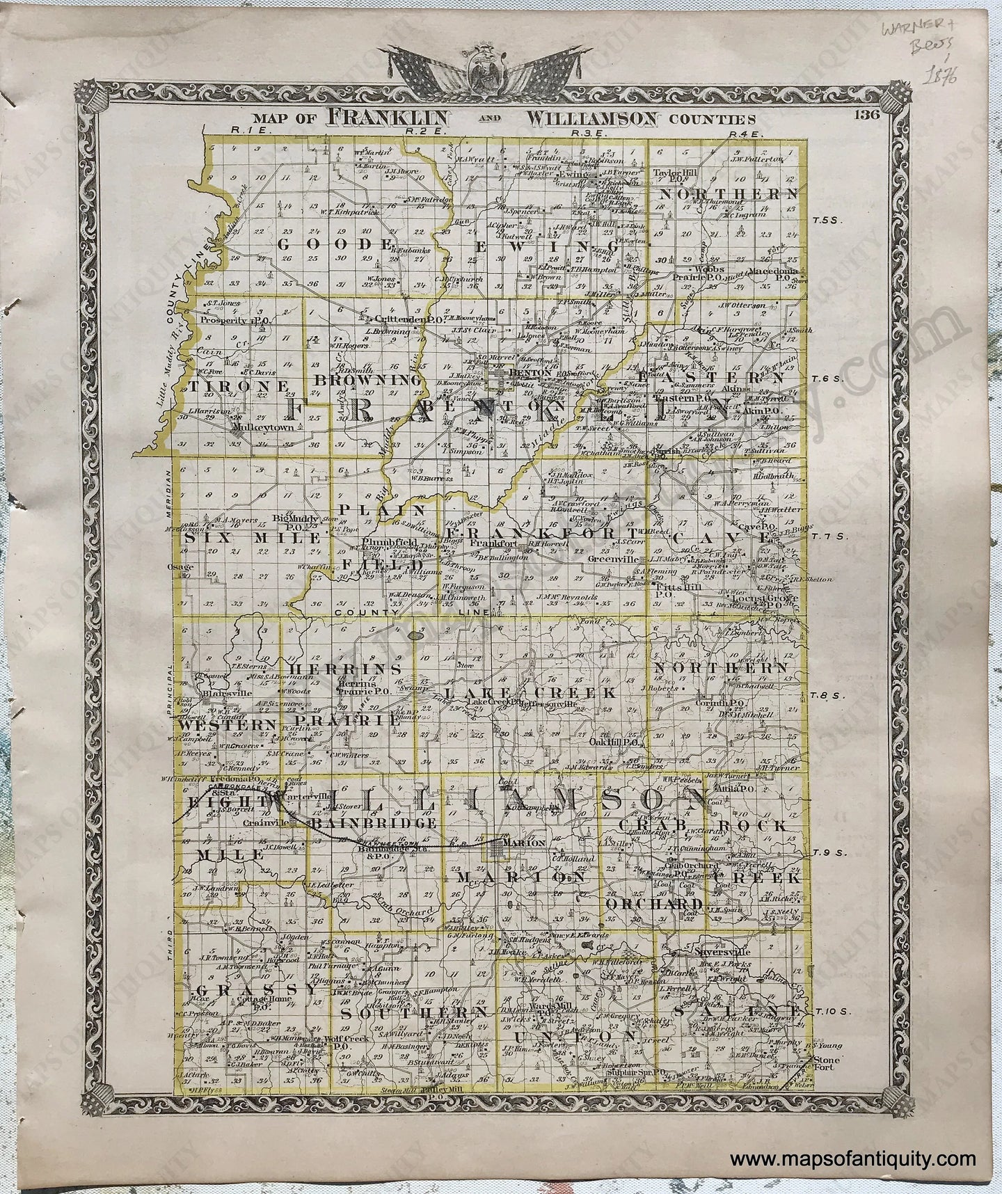 Antique-Hand-Colored-Map-Franklin-and-Williamson-Counties;-verso:-Perry-County-Illinois--1876-Warner-&-Beers-/-Union-Atlas-Co.-Midwest-1800s-19th-century-Maps-of-Antiquity