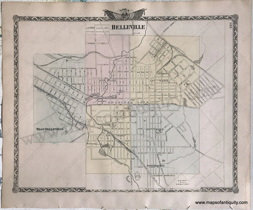 Antique-Hand-Colored-Map-Belleville-Illinois;-verso:-Five-small-cities-of-Illinois-1876-Warner-&-Beers-/-Union-Atlas-Co.-Midwest-1800s-19th-century-Maps-of-Antiquity