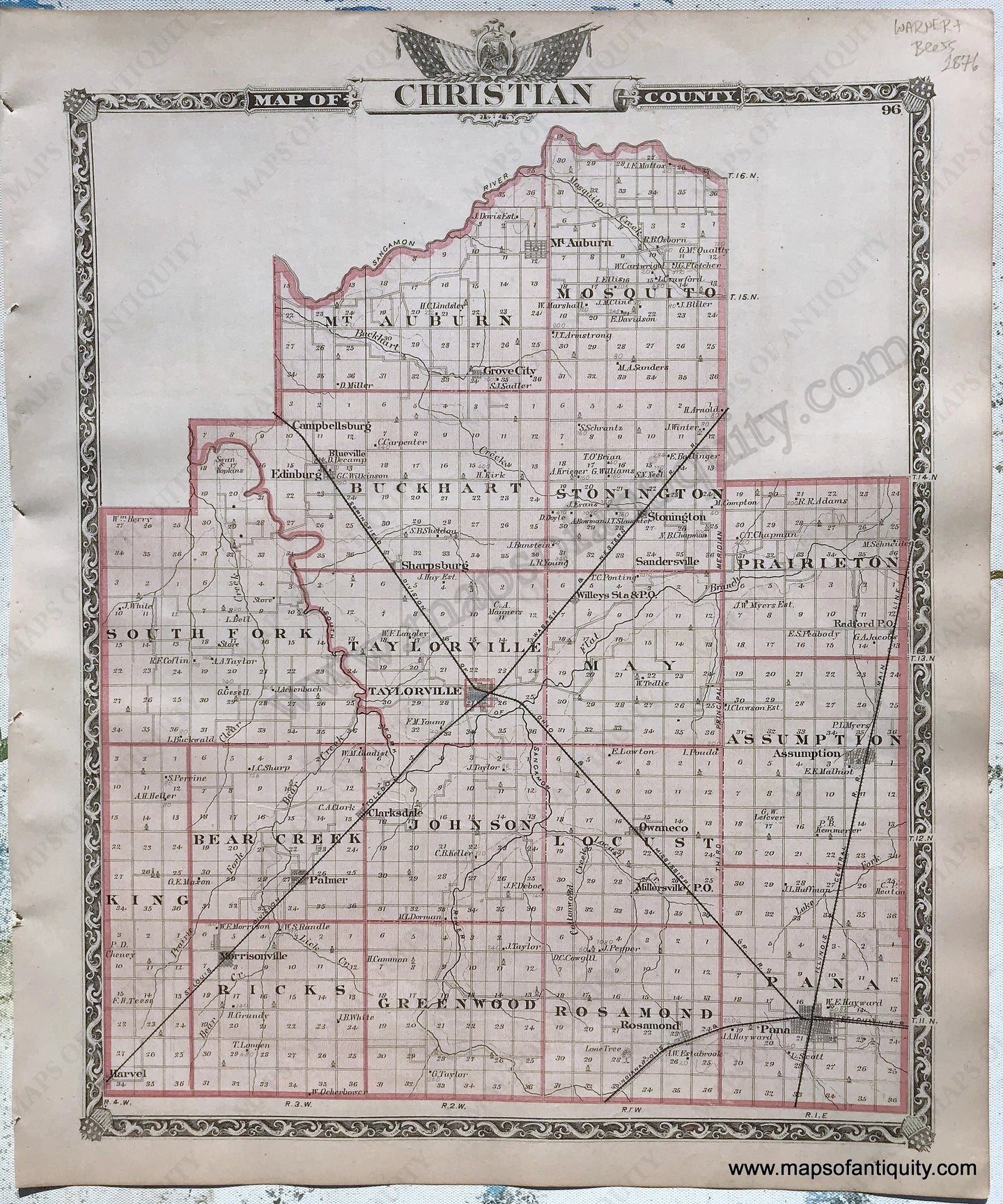 Antique-Hand-Colored-Map-Christian-County;-verso:-Montgomery-County-Illinois-1876-Warner-&-Beers-/-Union-Atlas-Co.-Midwest-1800s-19th-century-Maps-of-Antiquity