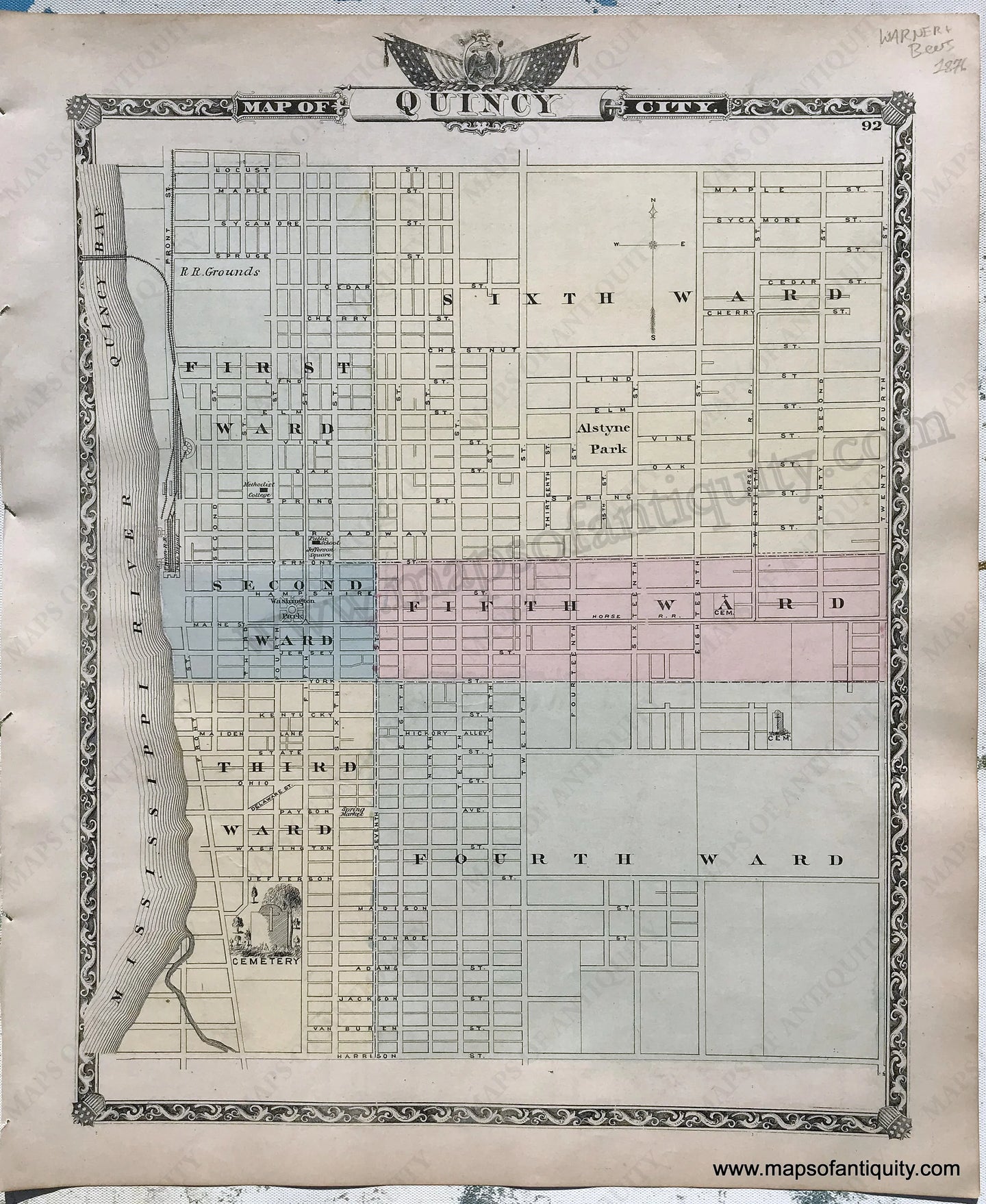 Antique-Hand-Colored-Map-Quincy-Illinois;-verso:-Pike-County-Illinois-1876-Warner-&-Beers-/-Union-Atlas-Co.-Midwest-1800s-19th-century-Maps-of-Antiquity