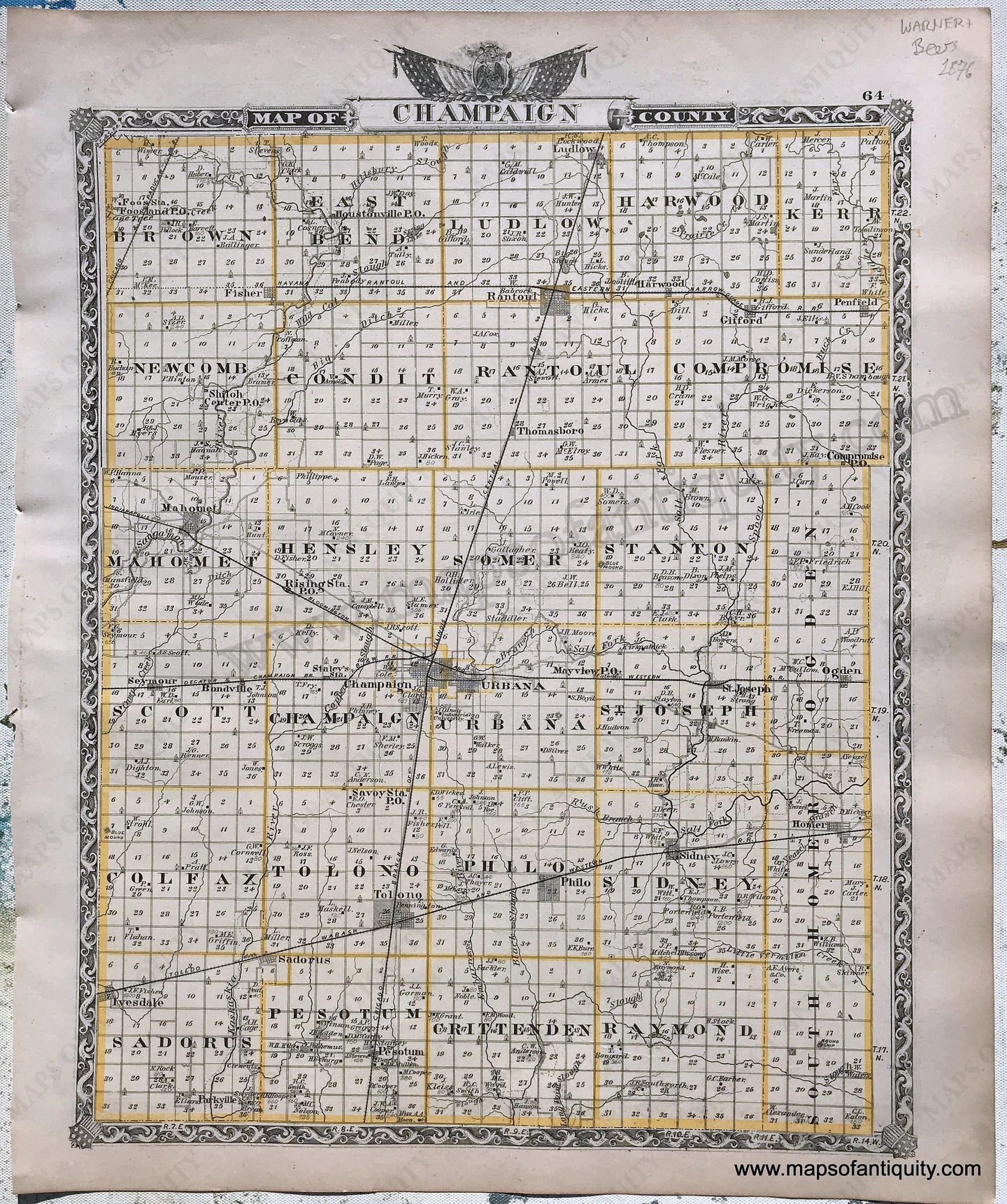 Antique-Hand-Colored-Map-Champaign-County;-verso:-Vermilion-County-Illinois-1876-Warner-&-Beers-/-Union-Atlas-Co.-Midwest-1800s-19th-century-Maps-of-Antiquity