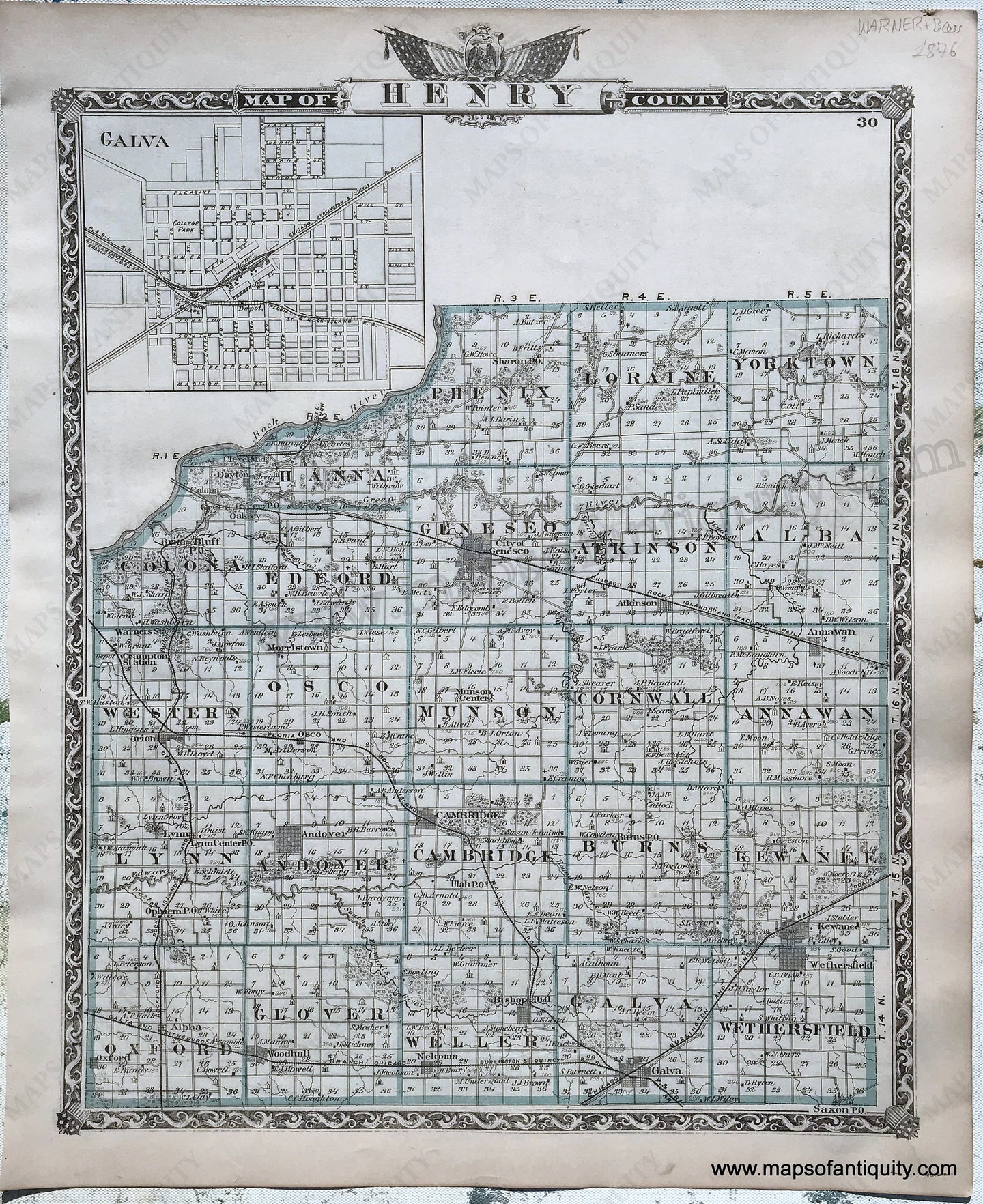 Antique-Hand-Colored-Map-Henry-County;-verso:-Bureau-County-Illinois-1876-Warner-&-Beers-/-Union-Atlas-Co.-Midwest-1800s-19th-century-Maps-of-Antiquity