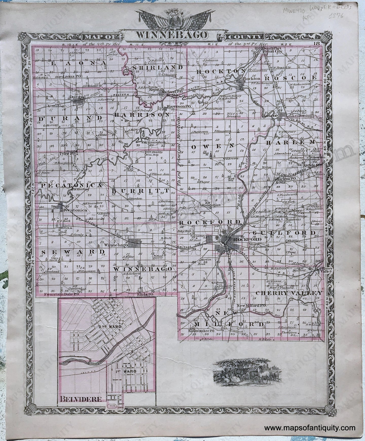 Antique-Hand-Colored-Map-Winnebago-County;-verso:-Stephenson-County-Illinois-1876-Warner-&-Beers-/-Union-Atlas-Co.-Midwest-1800s-19th-century-Maps-of-Antiquity