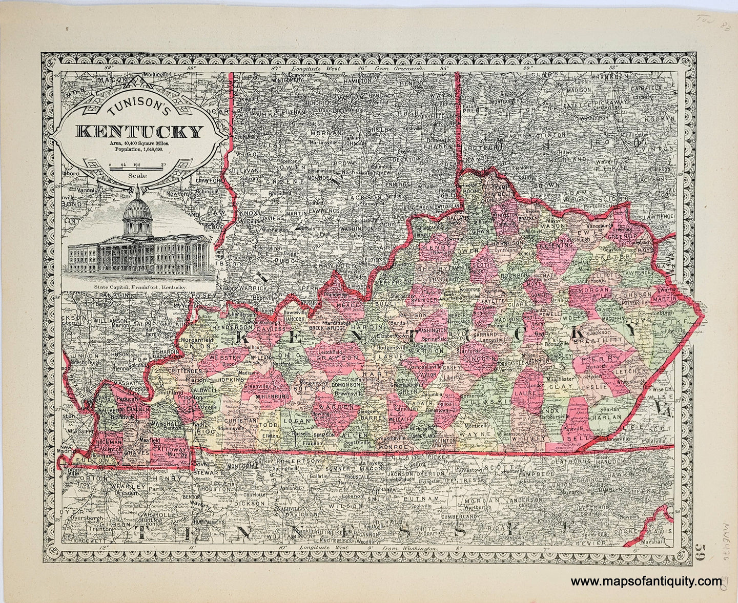 1888 - Tunison's Kentucky; verso: Tunison's Ohio - Antique Map