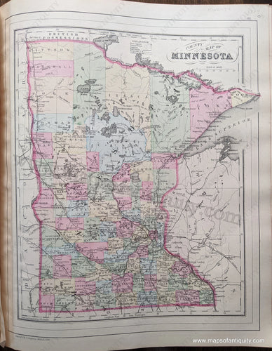 Antique-Hand-Colored-Map-County-Map-of-Minnesota-United-States-Midwest-1884-Mitchell-Maps-Of-Antiquity-1800s-19th-century