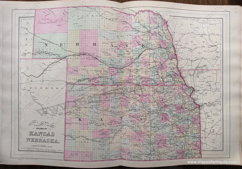 Antique-Hand-Colored-Map-County-and-Township-Map-of-the-States-of-Kansas-and-Nebraska-United-States-Midwest-1884-Mitchell-Maps-Of-Antiquity-1800s-19th-century