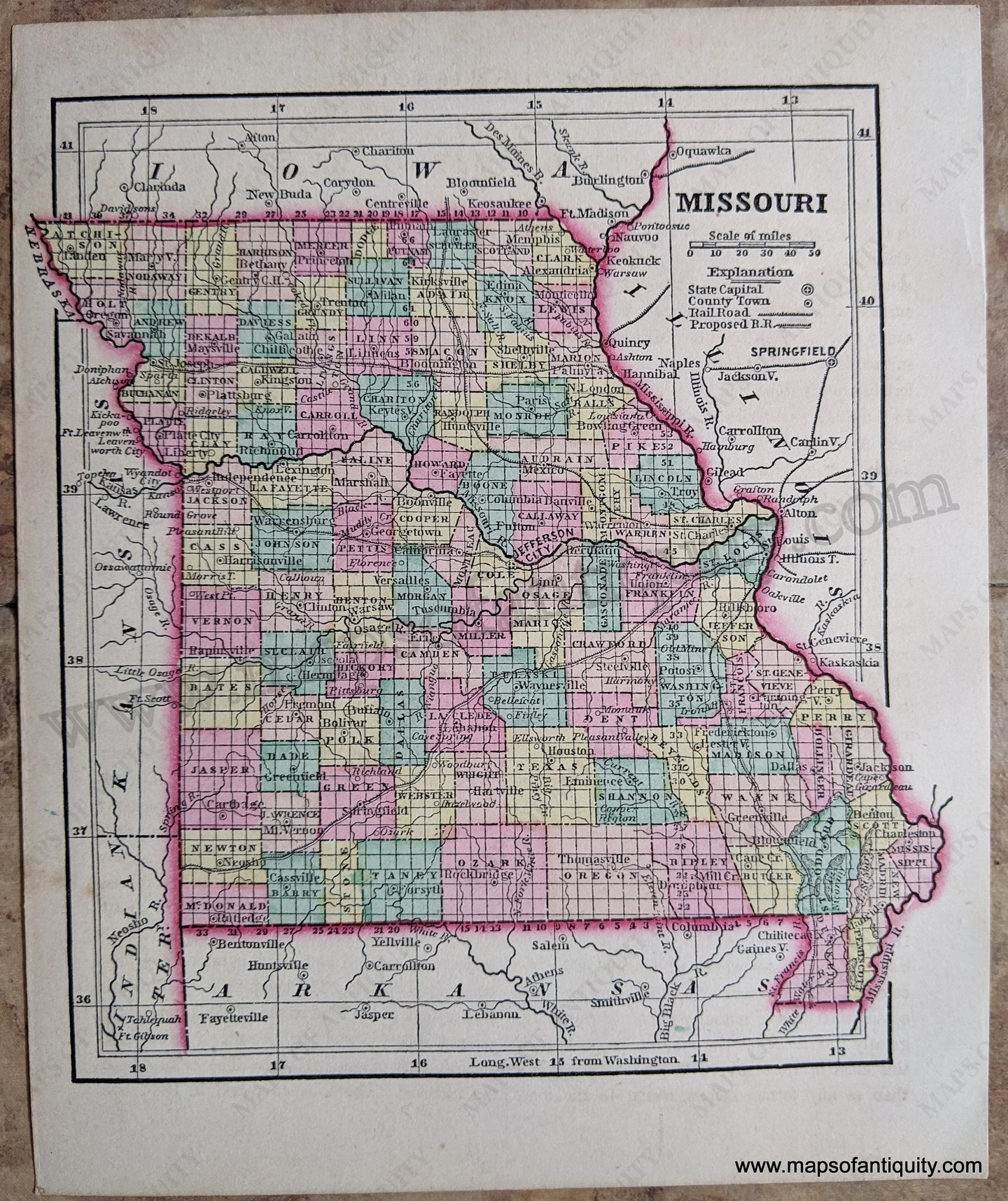 Antique-Hand-Colored-Map-Missouri-United-States-Midwest-1857-Morse-and-Gaston-Maps-Of-Antiquity-1800s-19th-century