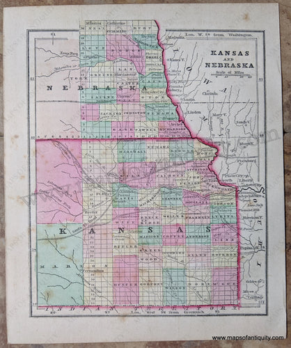 Antique-Hand-Colored-Map-Kansas-and-Nebraska-United-States-Midwest-1857-Morse-and-Gaston-Maps-Of-Antiquity-1800s-19th-century