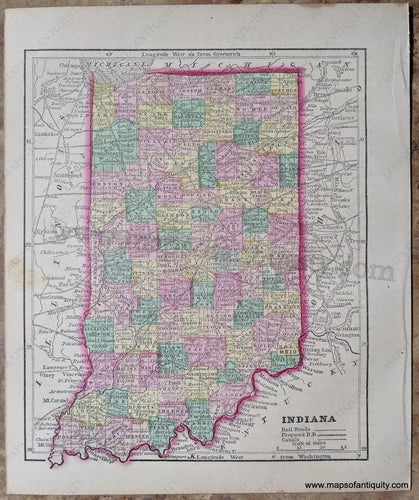 Antique-Hand-Colored-Map-Indiana-United-States-Midwest-1857-Morse-and-Gaston-Maps-Of-Antiquity-1800s-19th-century