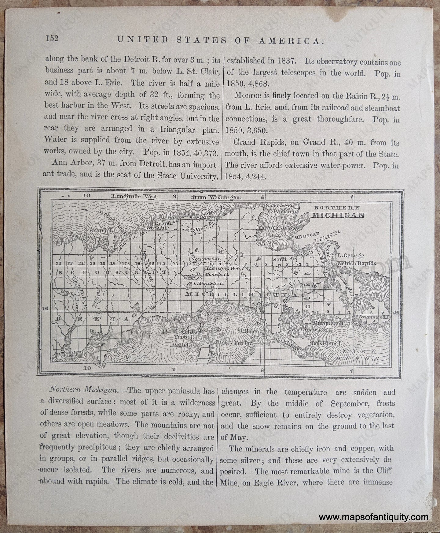 Antique-Uncolored-Map-Northern-Michigan-United-States-Midwest-1857-Morse-and-Gaston-Maps-Of-Antiquity-1800s-19th-century